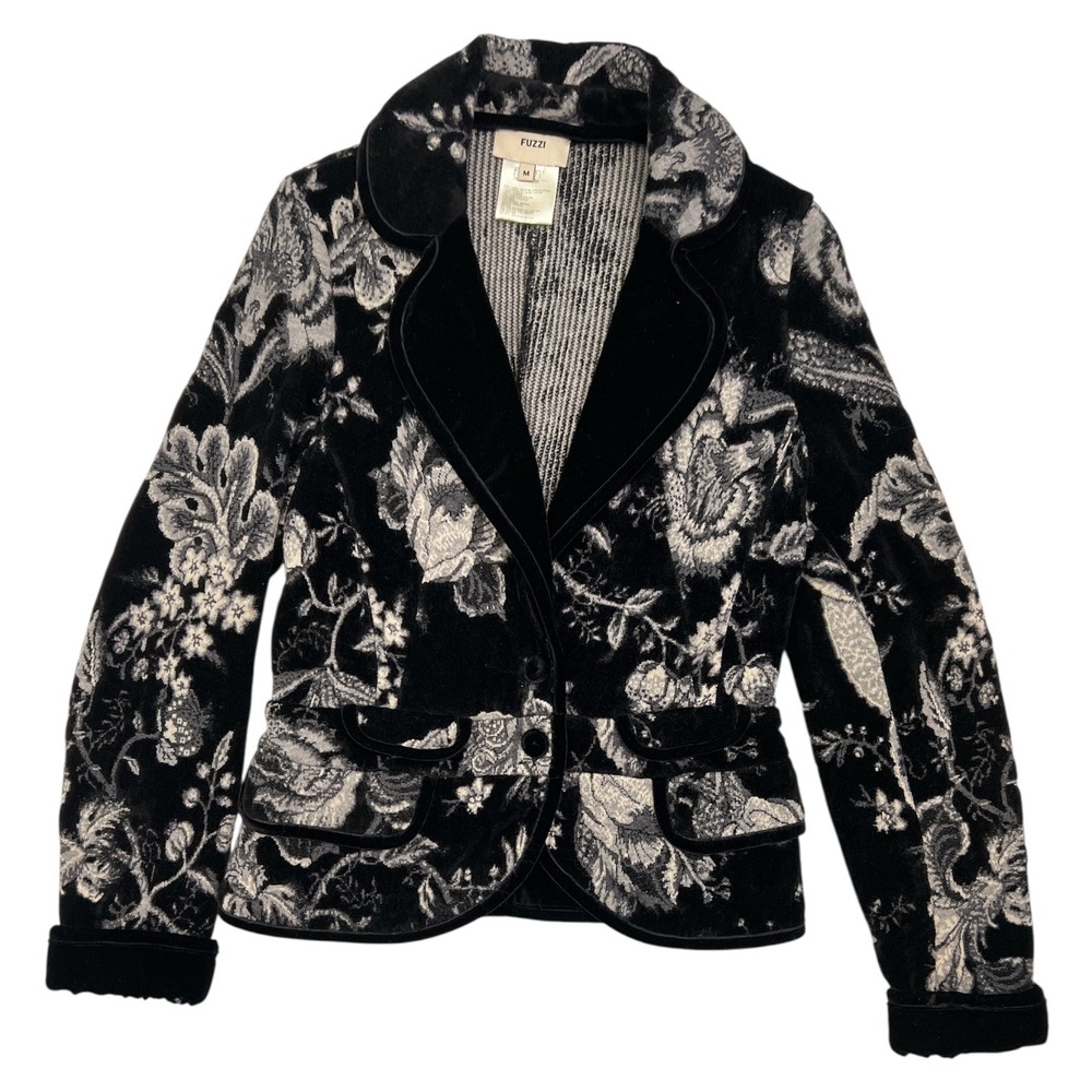 Fuzzi Artsy Evening Italian Luxe Velvet Floral Blazer Virgin Wool Viscose Size M - Picture 3 of 11